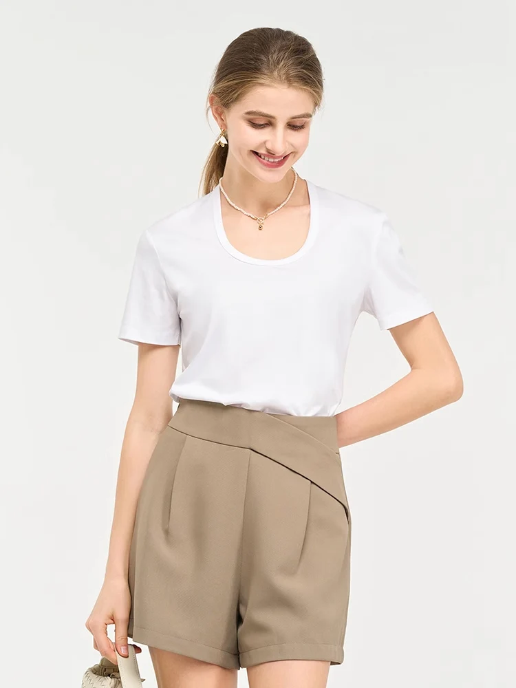 SuyaDream, Women Solid T Shirts, Silk Cotton Blend, Square Collar, Short Sleeved Tee, 2025 Summer Candy Colors Basic Cozy Top
