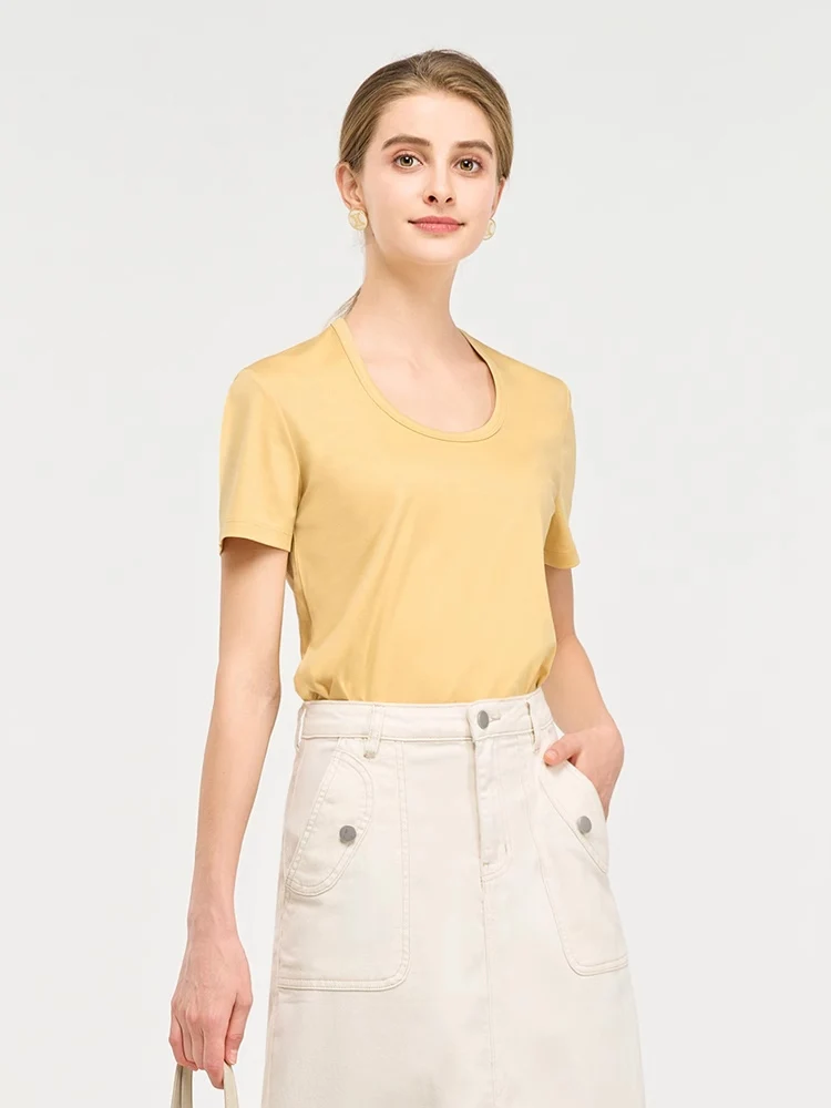 SuyaDream, Women Solid T Shirts, Silk Cotton Blend, Square Collar, Short Sleeved Tee, 2025 Summer Candy Colors Basic Cozy Top