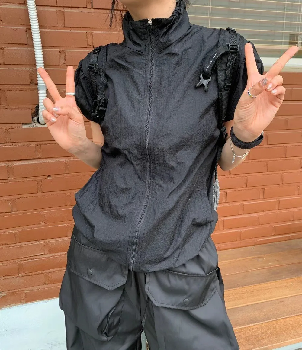 Karrram Japanese Y2k Cargo T-shirt Korean Popular Short Sleeve Zipper Tops Vintage 2000s Sun Protection Thin Jacket High Street