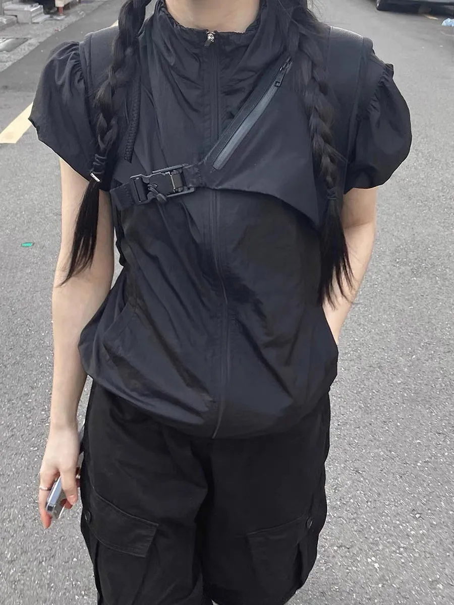 Karrram Japanese Y2k Cargo T-shirt Korean Popular Short Sleeve Zipper Tops Vintage 2000s Sun Protection Thin Jacket High Street