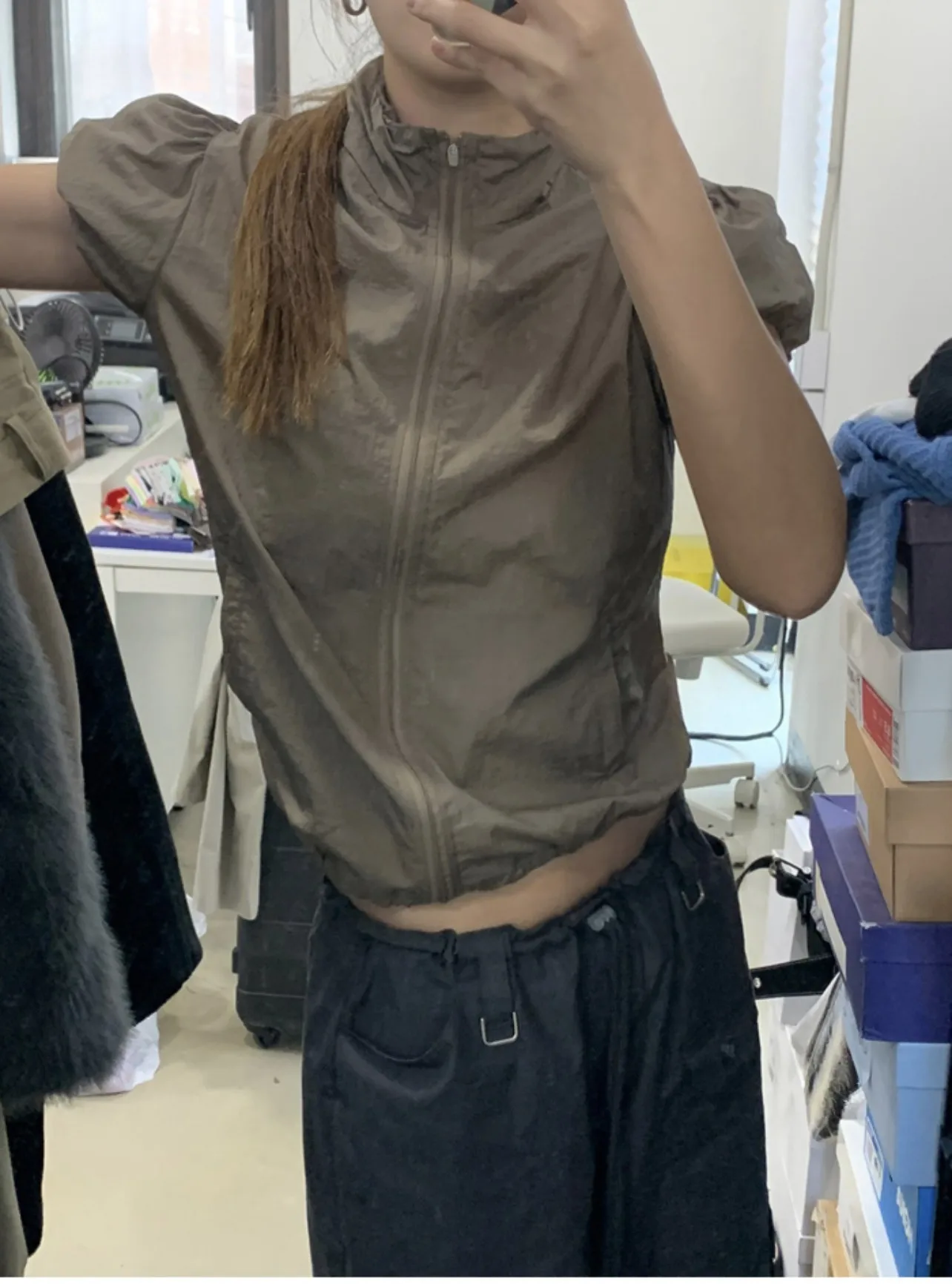 Karrram Japanese Y2k Cargo T-shirt Korean Popular Short Sleeve Zipper Tops Vintage 2000s Sun Protection Thin Jacket High Street