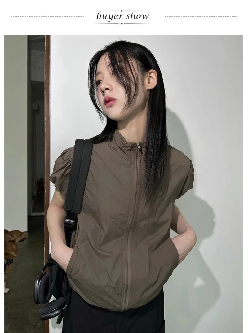 Karrram Japanese Y2k Cargo T-shirt Korean Popular Short Sleeve Zipper Tops Vintage 2000s Sun Protection Thin Jacket High Street