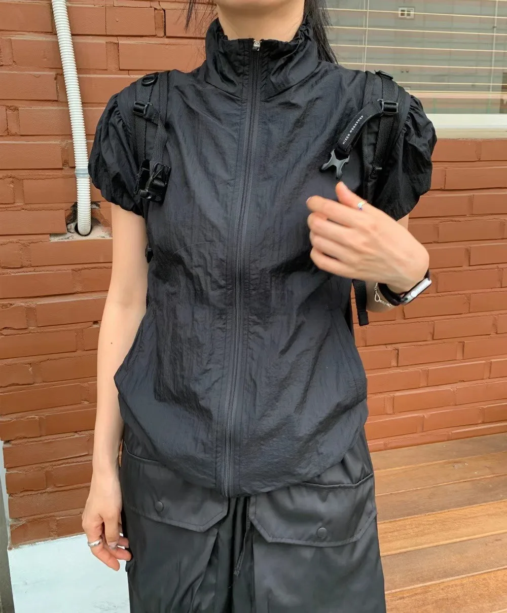 Karrram Japanese Y2k Cargo T-shirt Korean Popular Short Sleeve Zipper Tops Vintage 2000s Sun Protection Thin Jacket High Street