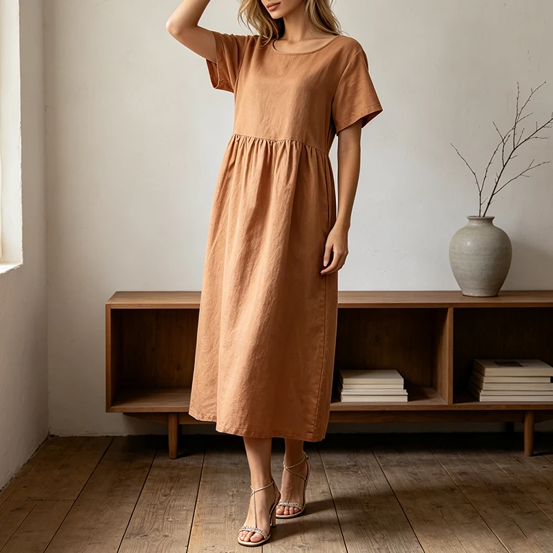 Women Cotton Linen Midi Dresses Summer Chic Female Vestidos Loose A-Line Dress Short Puffy Sleeve Casual Sundress