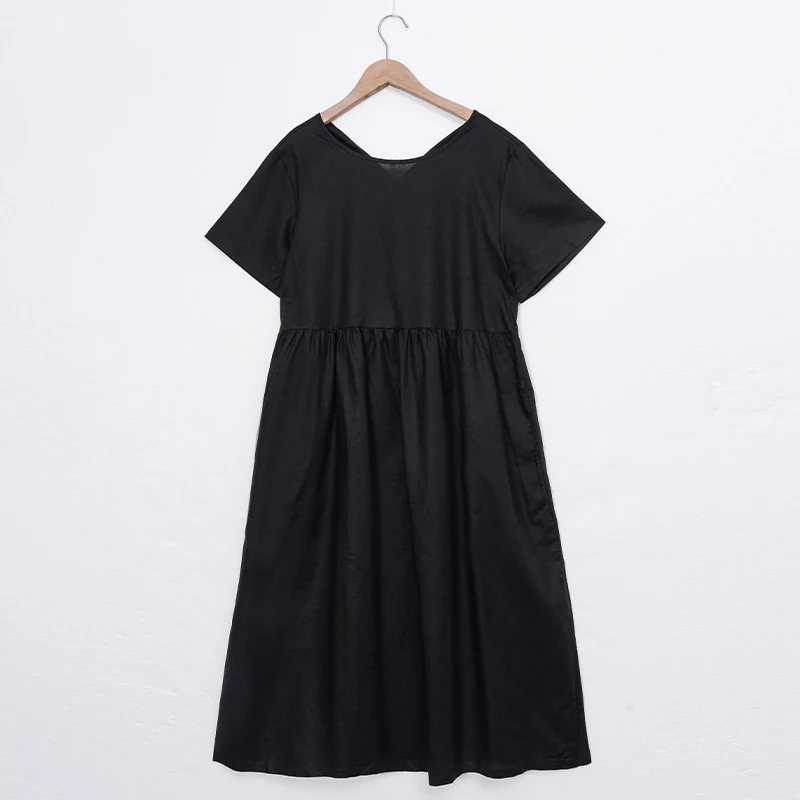 Women Cotton Linen Midi Dresses Summer Chic Female Vestidos Loose A-Line Dress Short Puffy Sleeve Casual Sundress