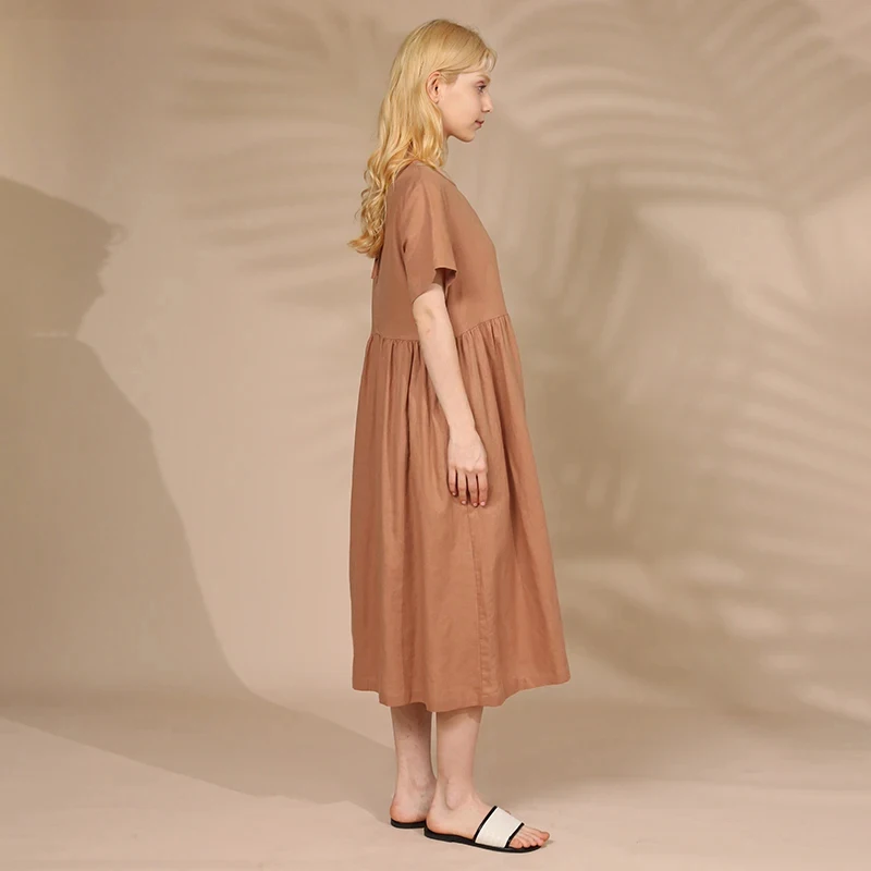 Women Cotton Linen Midi Dresses Summer Chic Female Vestidos Loose A-Line Dress Short Puffy Sleeve Casual Sundress