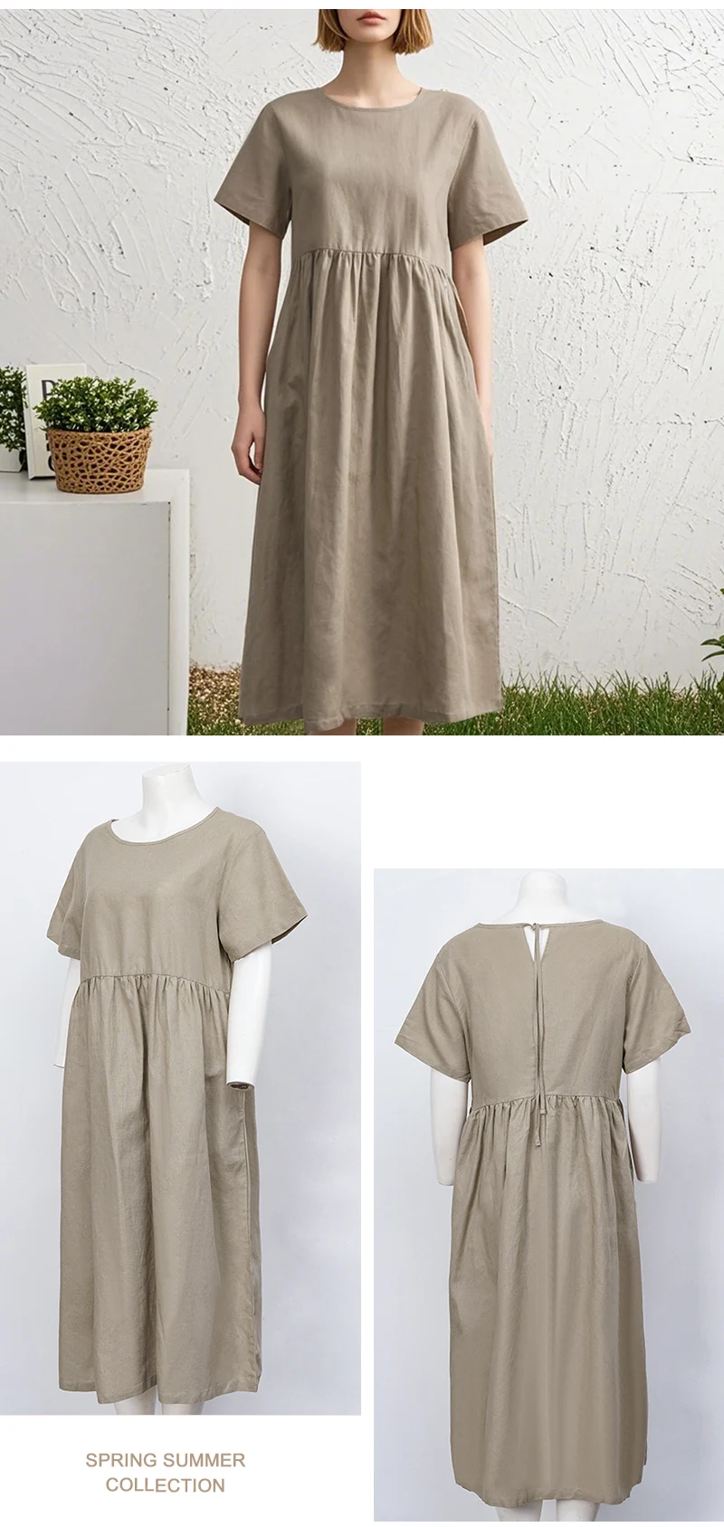 Women Cotton Linen Midi Dresses Summer Chic Female Vestidos Loose A-Line Dress Short Puffy Sleeve Casual Sundress