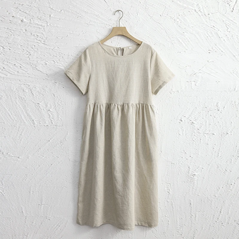 Women Cotton Linen Midi Dresses Summer Chic Female Vestidos Loose A-Line Dress Short Puffy Sleeve Casual Sundress