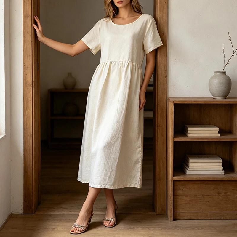 Women Cotton Linen Midi Dresses Summer Chic Female Vestidos Loose A-Line Dress Short Puffy Sleeve Casual Sundress