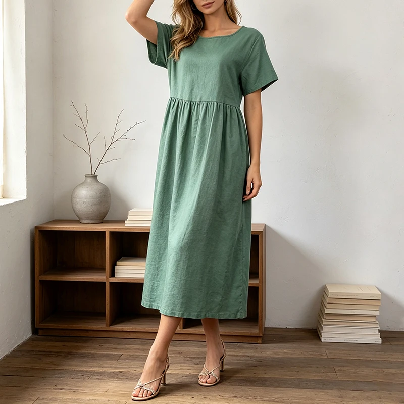 Women Cotton Linen Midi Dresses Summer Chic Female Vestidos Loose A-Line Dress Short Puffy Sleeve Casual Sundress