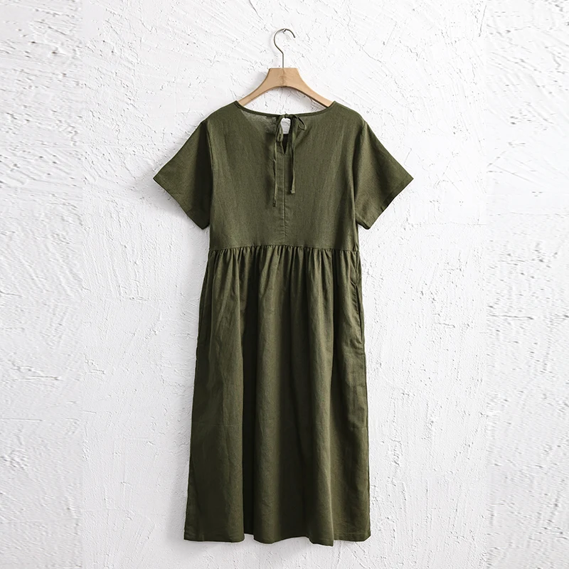 Women Cotton Linen Midi Dresses Summer Chic Female Vestidos Loose A-Line Dress Short Puffy Sleeve Casual Sundress