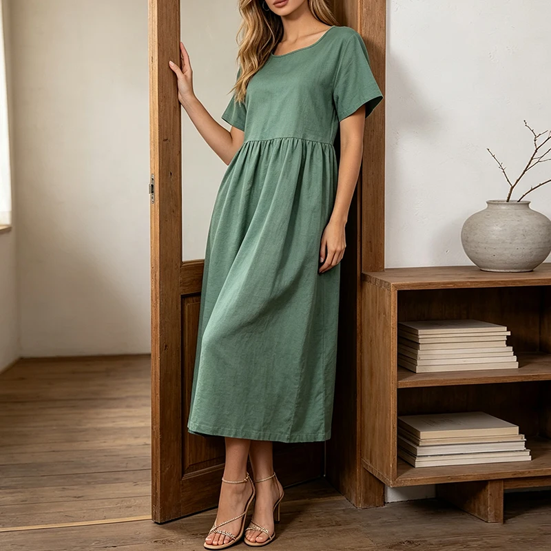 Women Cotton Linen Midi Dresses Summer Chic Female Vestidos Loose A-Line Dress Short Puffy Sleeve Casual Sundress
