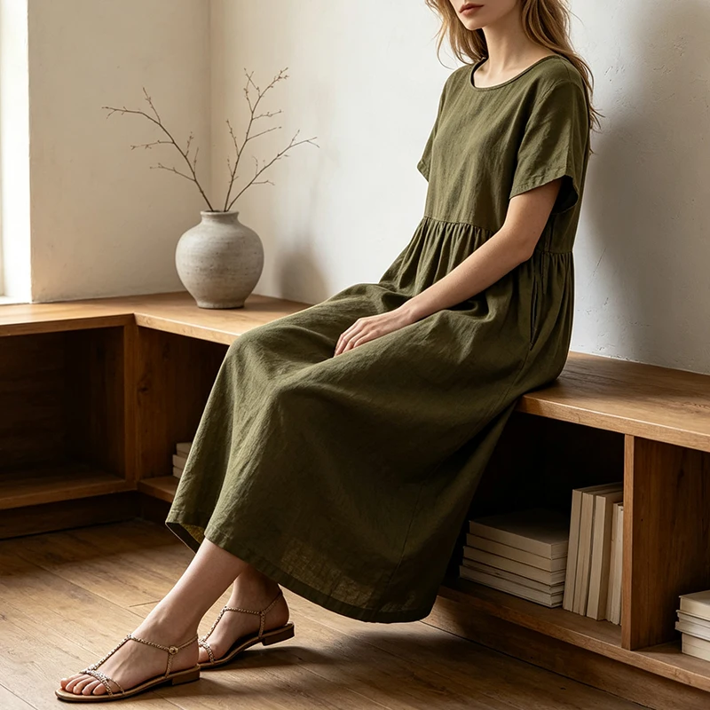 Women Cotton Linen Midi Dresses Summer Chic Female Vestidos Loose A-Line Dress Short Puffy Sleeve Casual Sundress