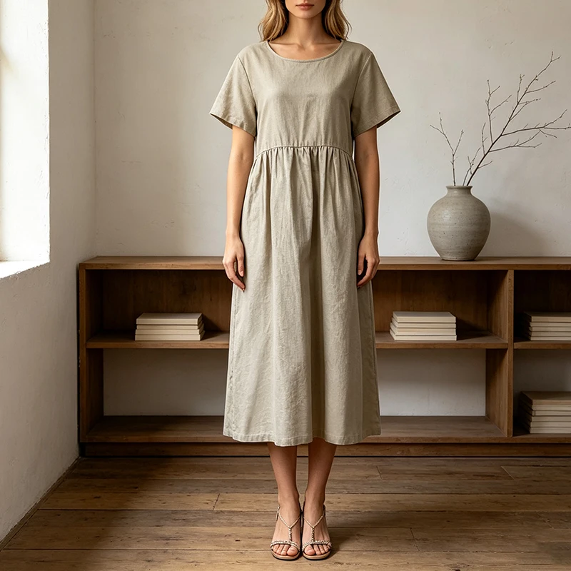 Women Cotton Linen Midi Dresses Summer Chic Female Vestidos Loose A-Line Dress Short Puffy Sleeve Casual Sundress