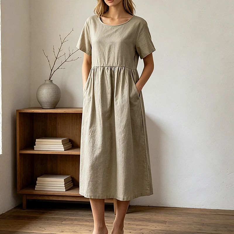 Women Cotton Linen Midi Dresses Summer Chic Female Vestidos Loose A-Line Dress Short Puffy Sleeve Casual Sundress