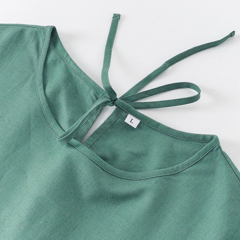Women Cotton Linen Midi Dresses Summer Chic Female Vestidos Loose A-Line Dress Short Puffy Sleeve Casual Sundress