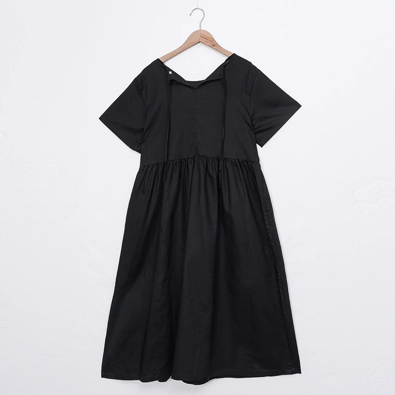 Women Cotton Linen Midi Dresses Summer Chic Female Vestidos Loose A-Line Dress Short Puffy Sleeve Casual Sundress
