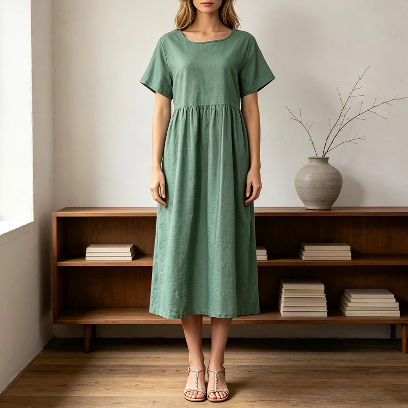 Women Cotton Linen Midi Dresses Summer Chic Female Vestidos Loose A-Line Dress Short Puffy Sleeve Casual Sundress