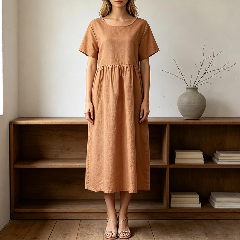 Women Cotton Linen Midi Dresses Summer Chic Female Vestidos Loose A-Line Dress Short Puffy Sleeve Casual Sundress