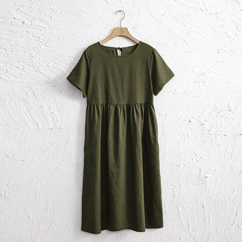 Women Cotton Linen Midi Dresses Summer Chic Female Vestidos Loose A-Line Dress Short Puffy Sleeve Casual Sundress