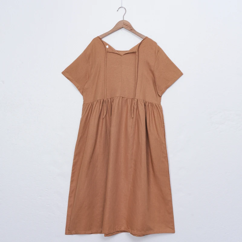 Women Cotton Linen Midi Dresses Summer Chic Female Vestidos Loose A-Line Dress Short Puffy Sleeve Casual Sundress