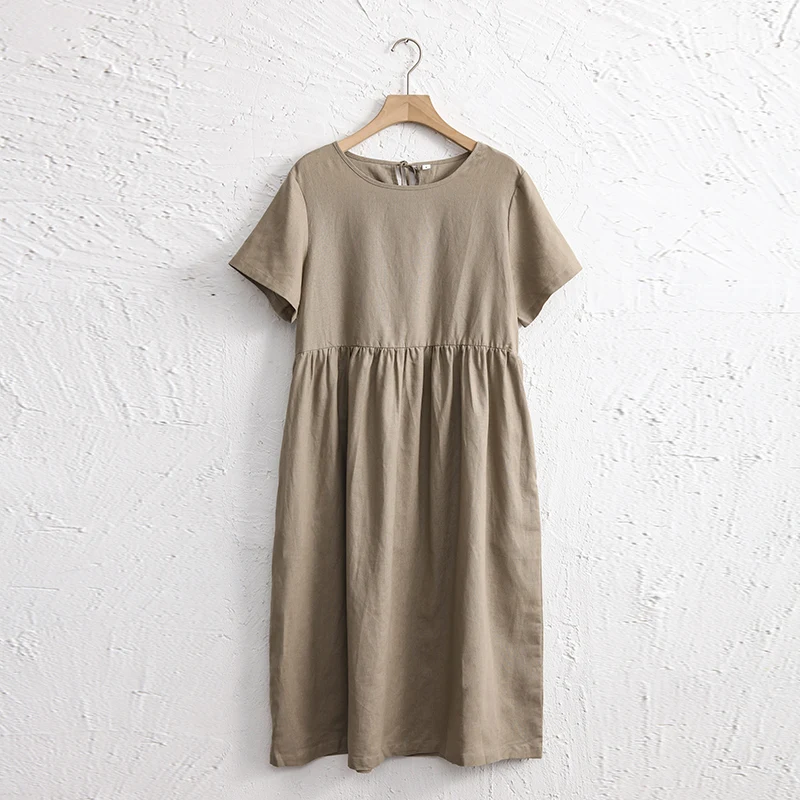 Women Cotton Linen Midi Dresses Summer Chic Female Vestidos Loose A-Line Dress Short Puffy Sleeve Casual Sundress