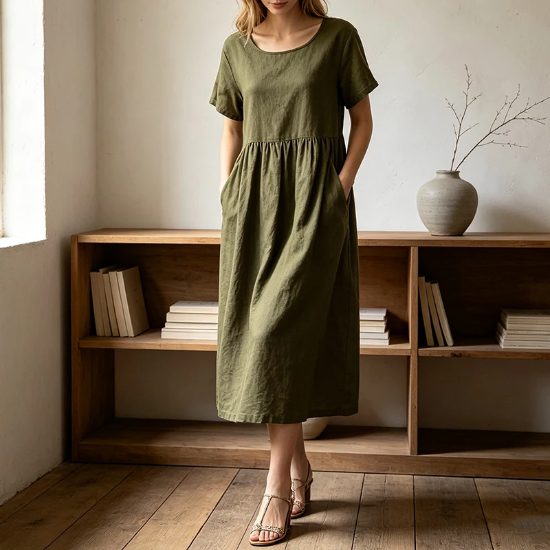 Women Cotton Linen Midi Dresses Summer Chic Female Vestidos Loose A-Line Dress Short Puffy Sleeve Casual Sundress