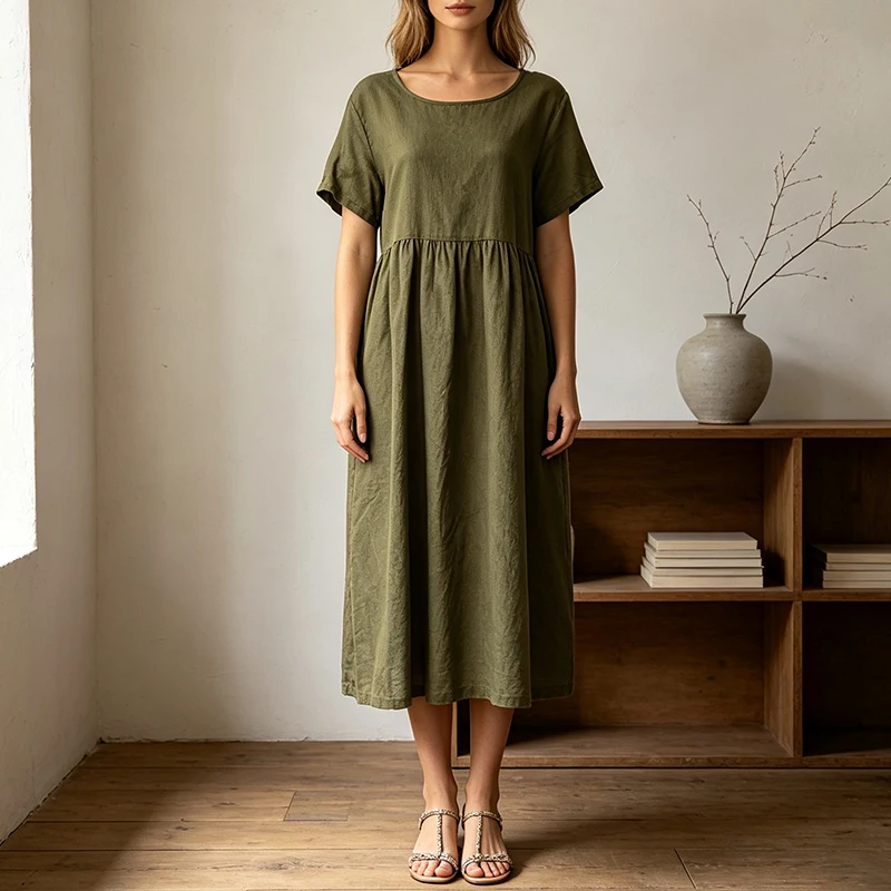 Women Cotton Linen Midi Dresses Summer Chic Female Vestidos Loose A-Line Dress Short Puffy Sleeve Casual Sundress
