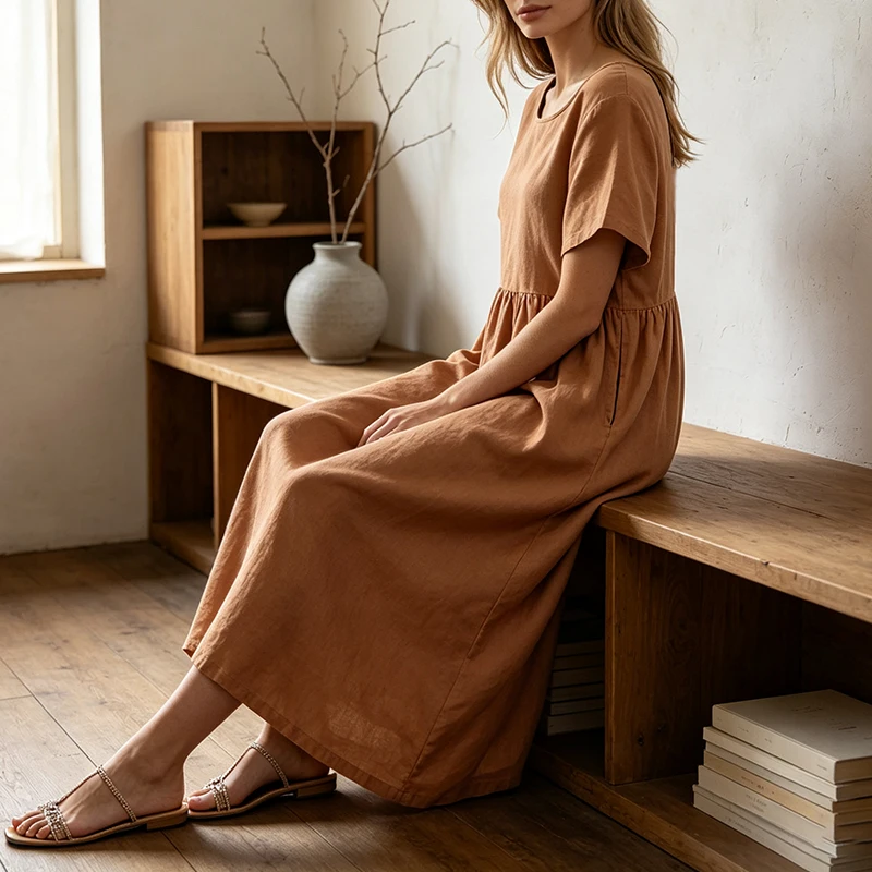 Women Cotton Linen Midi Dresses Summer Chic Female Vestidos Loose A-Line Dress Short Puffy Sleeve Casual Sundress