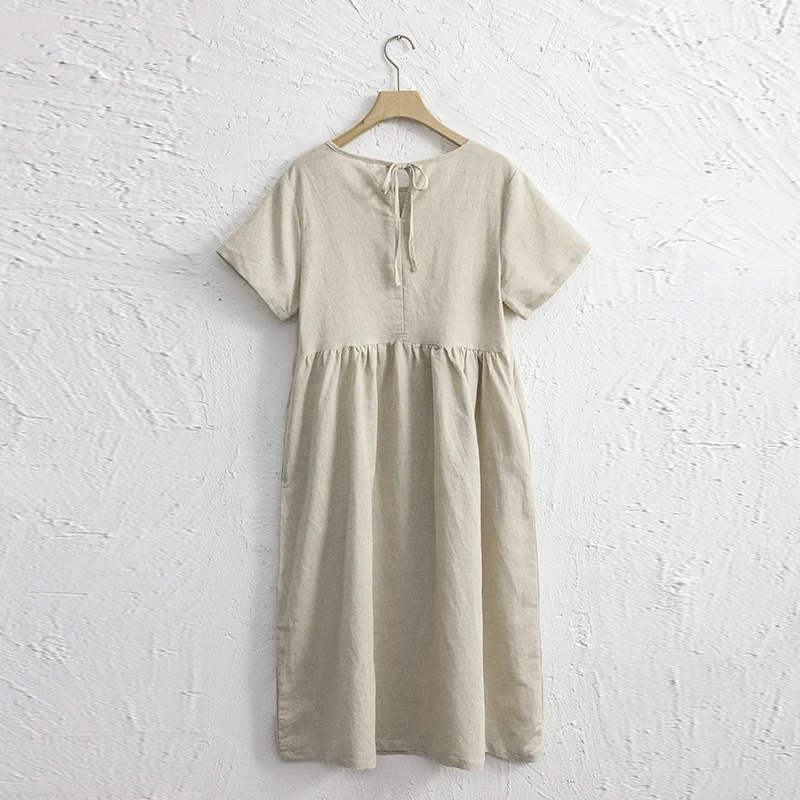 Women Cotton Linen Midi Dresses Summer Chic Female Vestidos Loose A-Line Dress Short Puffy Sleeve Casual Sundress