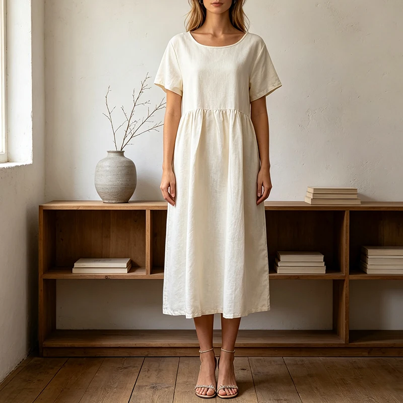 Women Cotton Linen Midi Dresses Summer Chic Female Vestidos Loose A-Line Dress Short Puffy Sleeve Casual Sundress