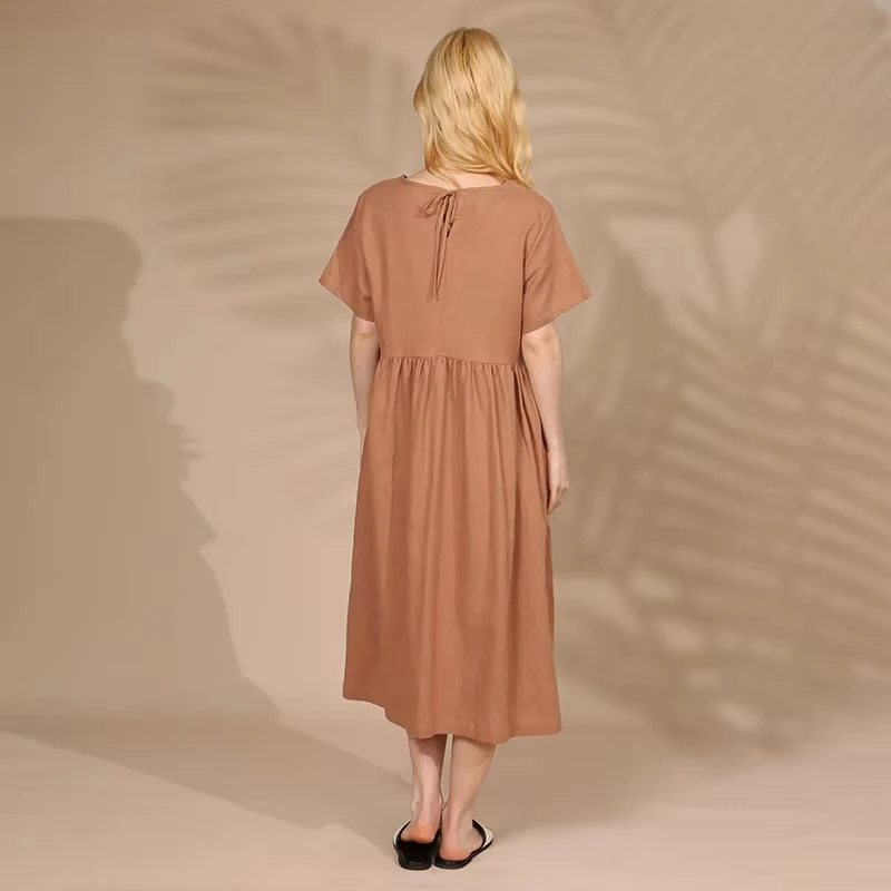 Women Cotton Linen Midi Dresses Summer Chic Female Vestidos Loose A-Line Dress Short Puffy Sleeve Casual Sundress