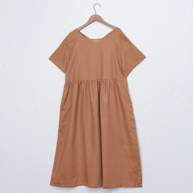 Women Cotton Linen Midi Dresses Summer Chic Female Vestidos Loose A-Line Dress Short Puffy Sleeve Casual Sundress