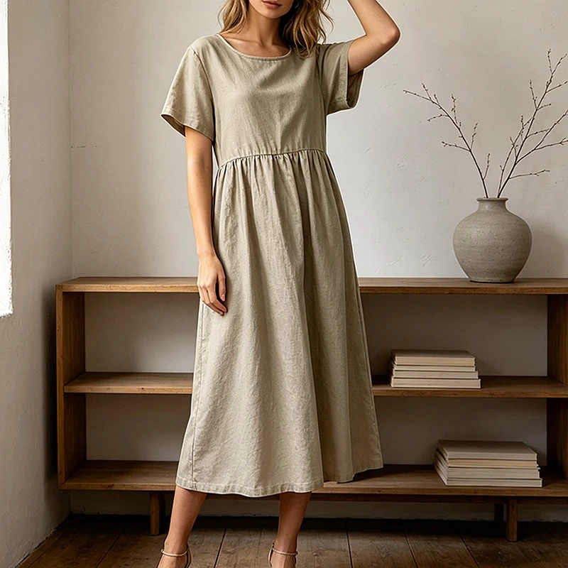 Women Cotton Linen Midi Dresses Summer Chic Female Vestidos Loose A-Line Dress Short Puffy Sleeve Casual Sundress