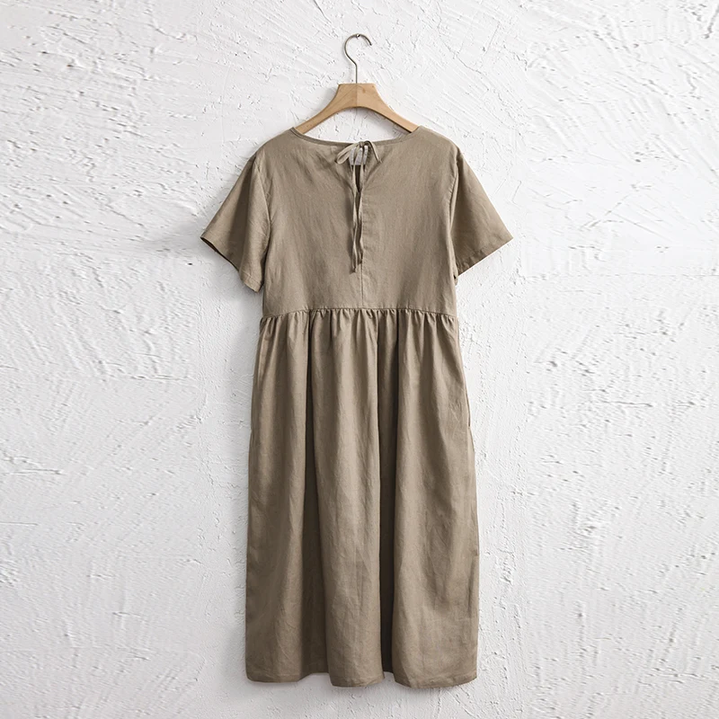 Women Cotton Linen Midi Dresses Summer Chic Female Vestidos Loose A-Line Dress Short Puffy Sleeve Casual Sundress