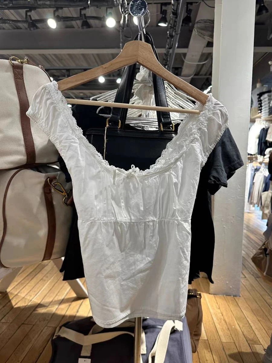 Sweet Lace-up Camisoles Blouse Women Summer Lace Trim Square Collar Short Sleeve White Tank Tops Preppy Style Cute Crop Top Y2k