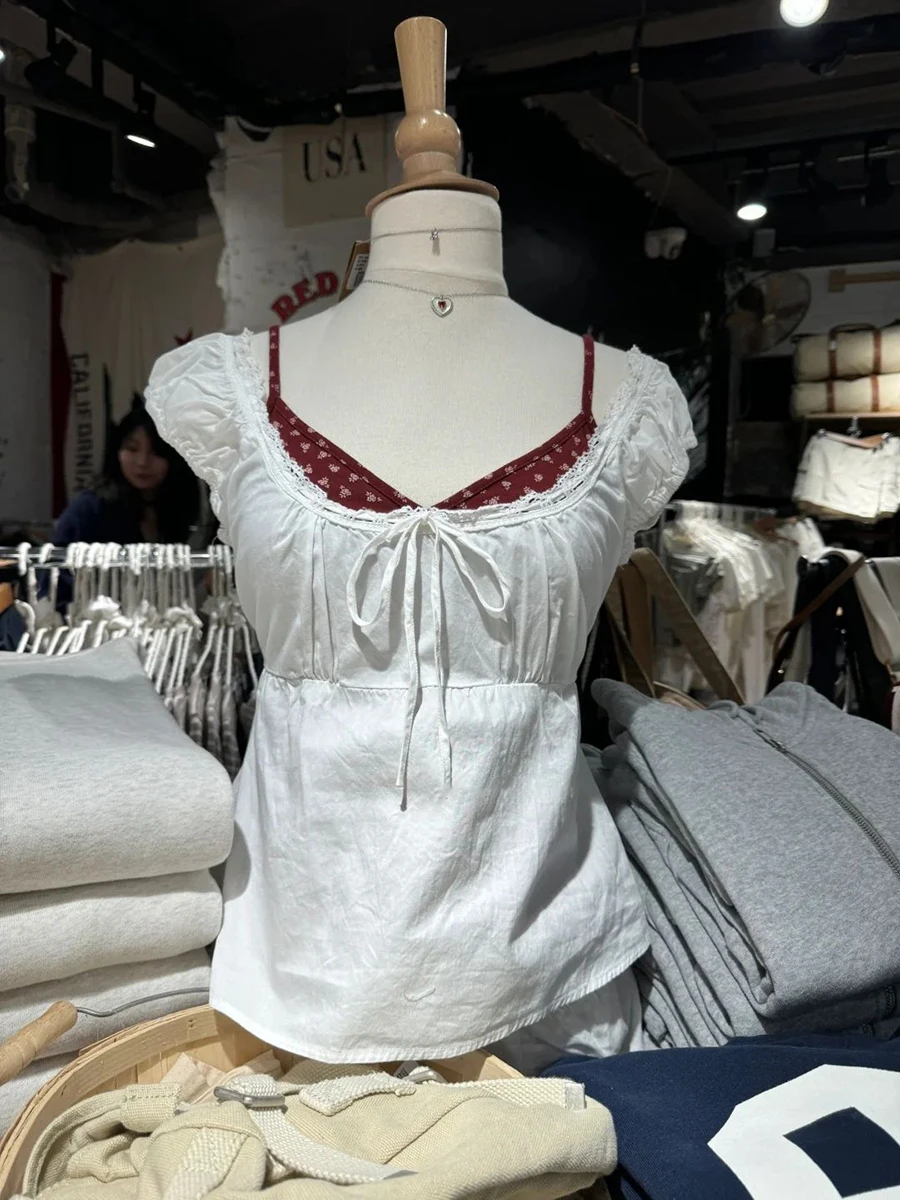 Sweet Lace-up Camisoles Blouse Women Summer Lace Trim Square Collar Short Sleeve White Tank Tops Preppy Style Cute Crop Top Y2k