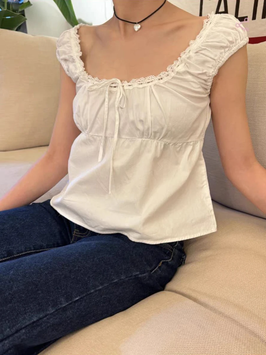 Sweet Lace-up Camisoles Blouse Women Summer Lace Trim Square Collar Short Sleeve White Tank Tops Preppy Style Cute Crop Top Y2k