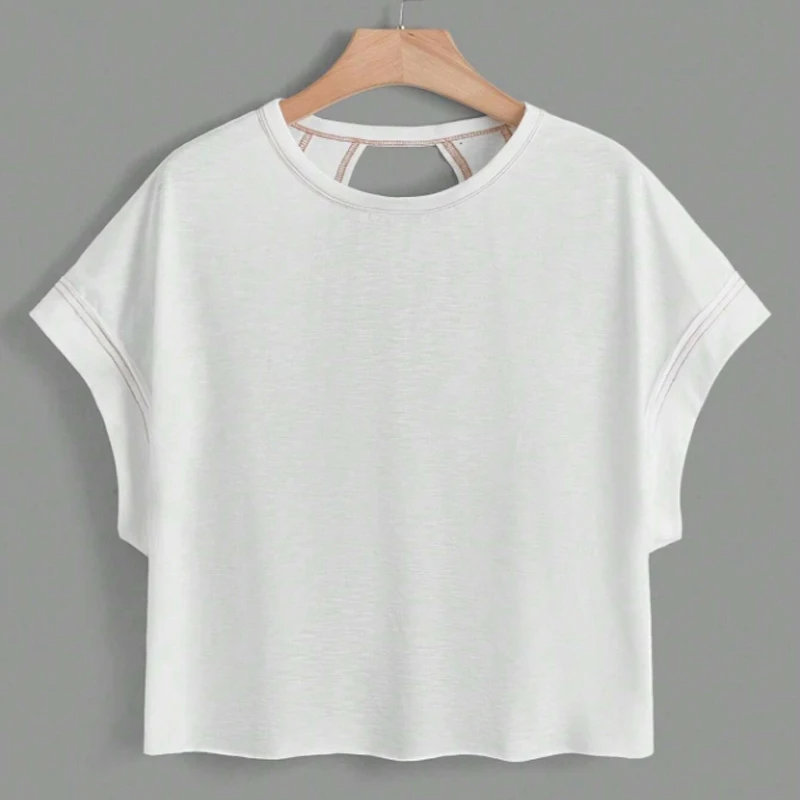 Women's Aesthetic Sexy White Short Sleeve Backless Solid Color T-shirt Streetwear Crop Tops Y2k Round Neck Clothes 2024 Tees Top
