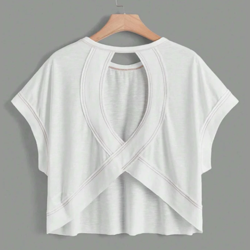 Women's Aesthetic Sexy White Short Sleeve Backless Solid Color T-shirt Streetwear Crop Tops Y2k Round Neck Clothes 2024 Tees Top