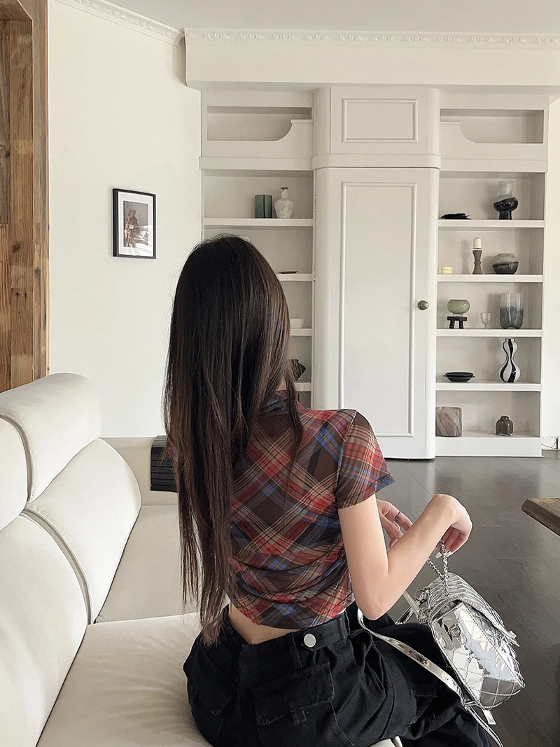 Tonngirls Y2k Vintage Mesh Tops Short Sleeve Plaid See Through T Shirt Women Streetwear 2000s Japanese Fariycore Tee Tops Summer