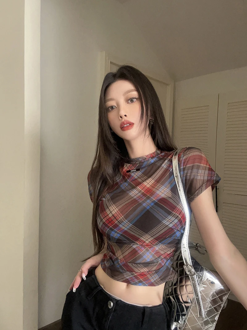 Tonngirls Y2k Vintage Mesh Tops Short Sleeve Plaid See Through T Shirt Women Streetwear 2000s Japanese Fariycore Tee Tops Summer