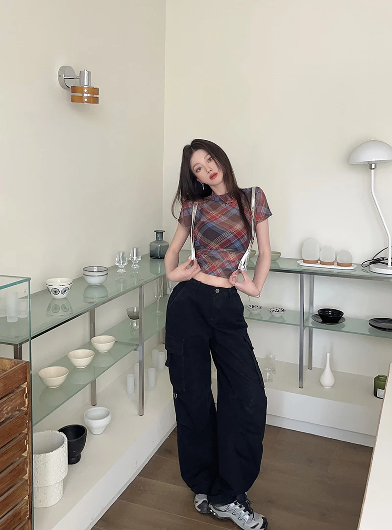 Tonngirls Y2k Vintage Mesh Tops Short Sleeve Plaid See Through T Shirt Women Streetwear 2000s Japanese Fariycore Tee Tops Summer