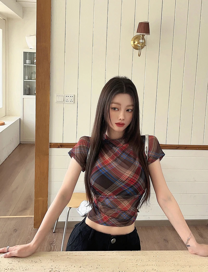Tonngirls Y2k Vintage Mesh Tops Short Sleeve Plaid See Through T Shirt Women Streetwear 2000s Japanese Fariycore Tee Tops Summer