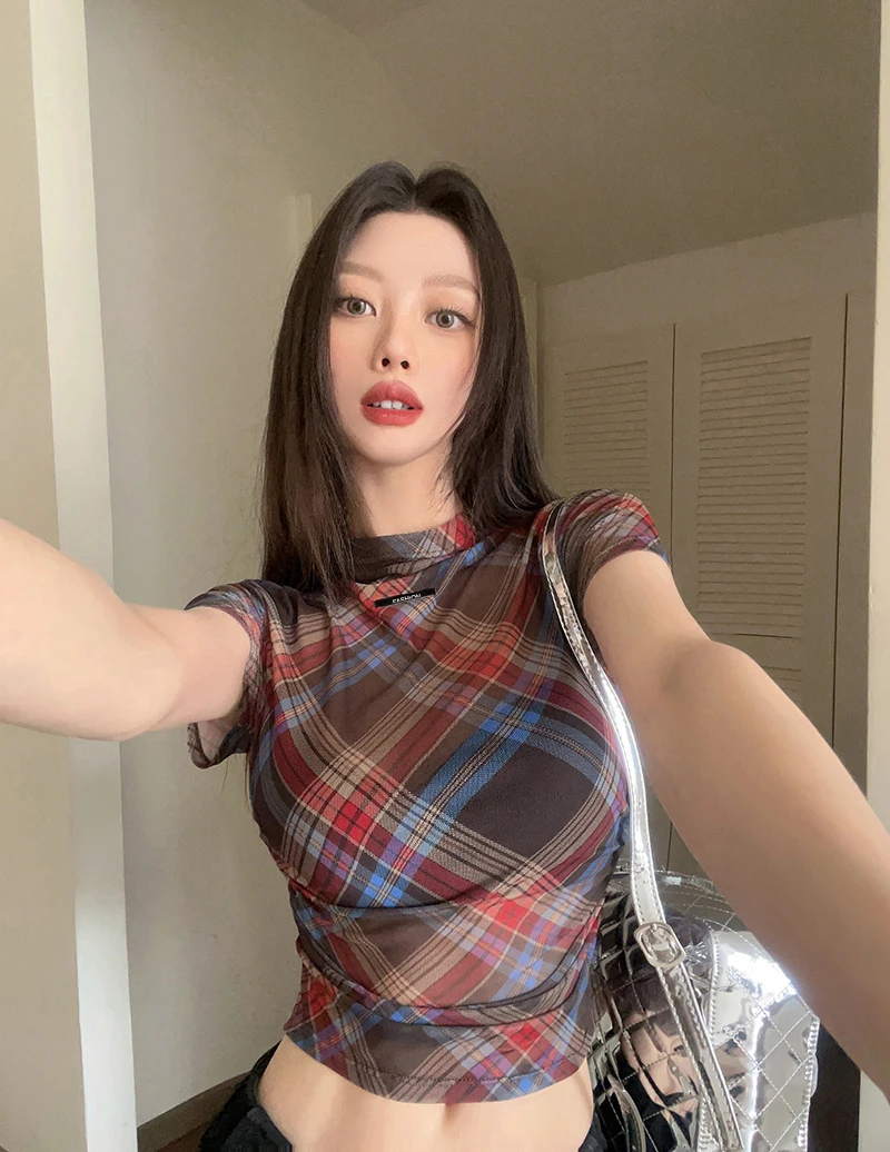 Tonngirls Y2k Vintage Mesh Tops Short Sleeve Plaid See Through T Shirt Women Streetwear 2000s Japanese Fariycore Tee Tops Summer