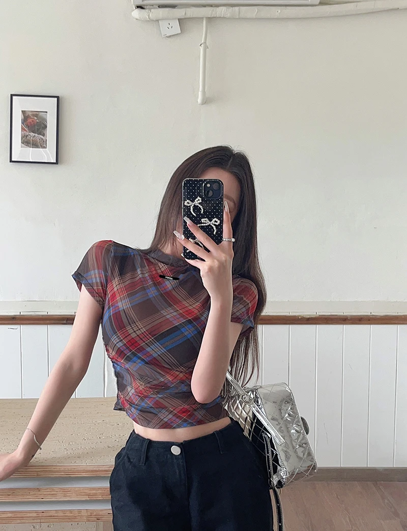 Tonngirls Y2k Vintage Mesh Tops Short Sleeve Plaid See Through T Shirt Women Streetwear 2000s Japanese Fariycore Tee Tops Summer