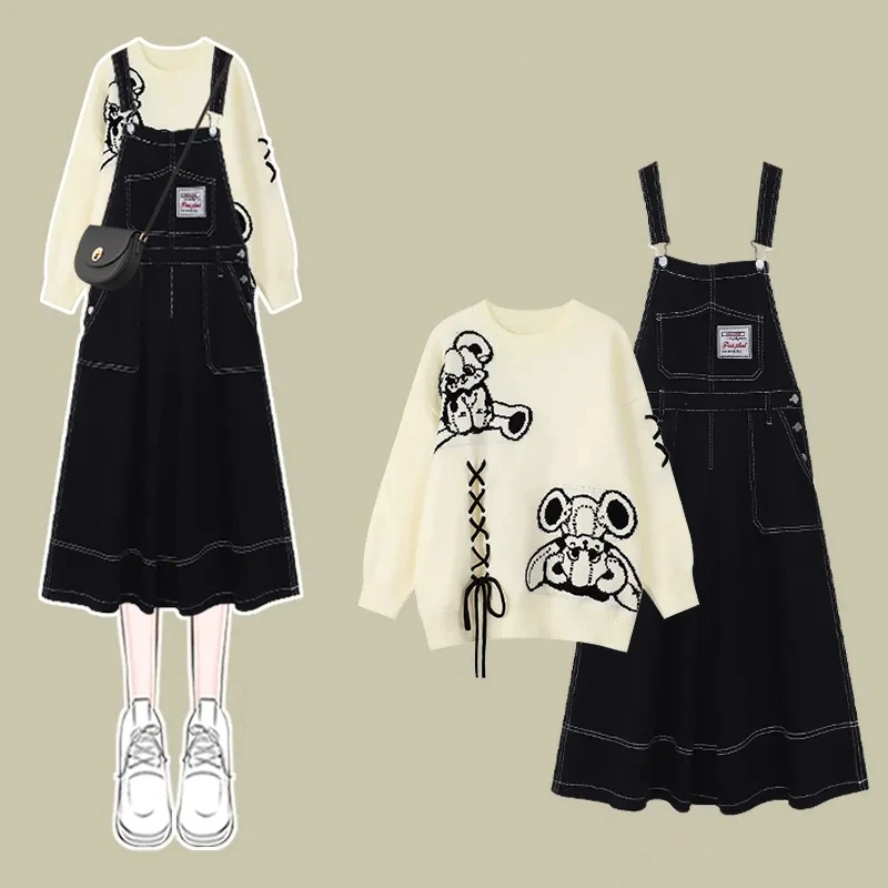 New Women Spring Autumn Cartoon Knit Tops Denim Sleeveless Dress 1 or 2 Piece Set Lady Casual Sweater Overalls Dresses Suit 2024