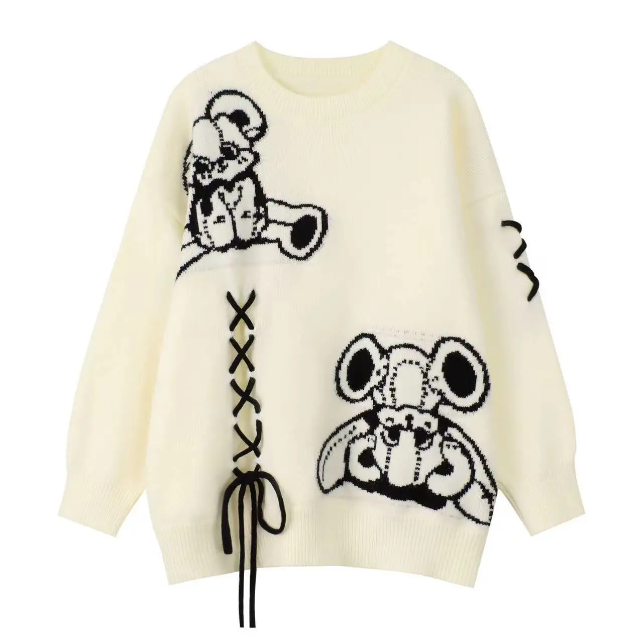 New Women Spring Autumn Cartoon Knit Tops Denim Sleeveless Dress 1 or 2 Piece Set Lady Casual Sweater Overalls Dresses Suit 2024