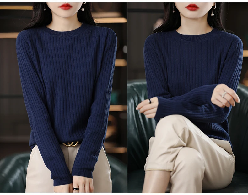 Autumn Winter Women 100% Cotton Sweater O-Neck Pullover Vertical Pit Strip Long Sleeve Knitwear Slim Warm Bottoming Tops