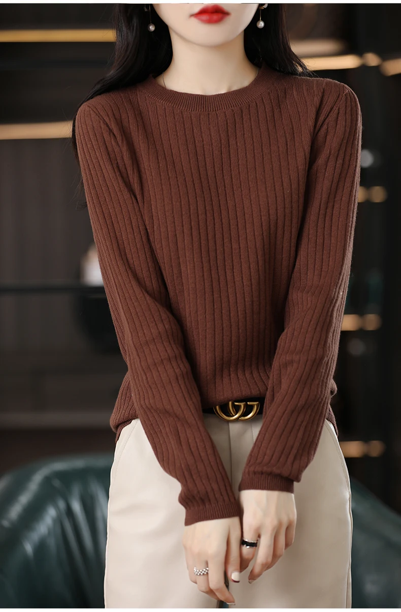 Autumn Winter Women 100% Cotton Sweater O-Neck Pullover Vertical Pit Strip Long Sleeve Knitwear Slim Warm Bottoming Tops